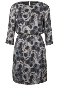 Robe à manches longues avec taille élastique, présentant un motif abstrait de formes circulaires superposées en gris, noir et bleu.
