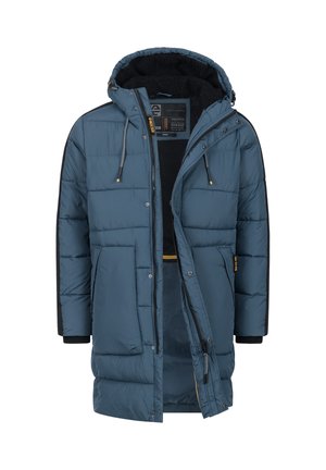 Polstret jakke i blå med lynlåslukning, stor hætte og sorte detaljer. Har to frontlommer og ribbenmanchetter. Blødt indre for.