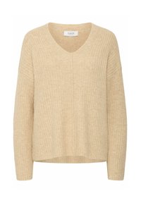 Beige gestrickter Pullover mit weitem V-Ausschnitt, geripptem Textur, überschnittenen Schultern und lockerer Passform, mit einem leicht verkürzten Saum.