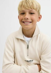 Beige kvartdraget sweatshirt tillverkat av mjukt material har en dragkedja, en logotyp på bröstet och ribbade manschetter. Slät textur.