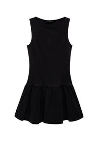 Black sleeveless dress with a fitted bodice and a flared pleated skirt. Made from soft fabric, featuring a round neckline and no embellishments.