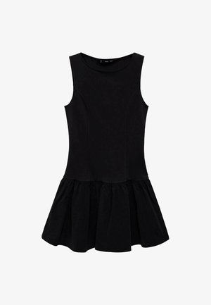 Zwarte mouwloze jurk met een nauwsluitend lijfje en een uitlopende geplooide rok. Gemaakt van zachte stof, met een ronde halslijn en zonder versieringen.