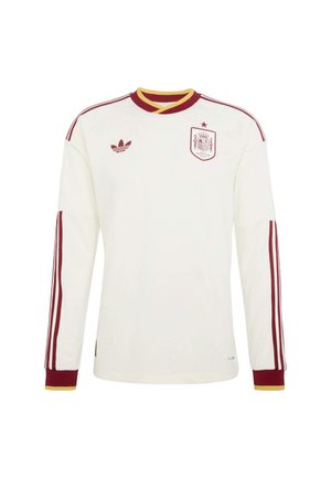 Wit sportsjersey met lange mouwen en bordeauxrode strepen op de mouwen, een bordeauxrode en gele kraag, Adidas-logo en het embleem van het Spaanse nationale team.