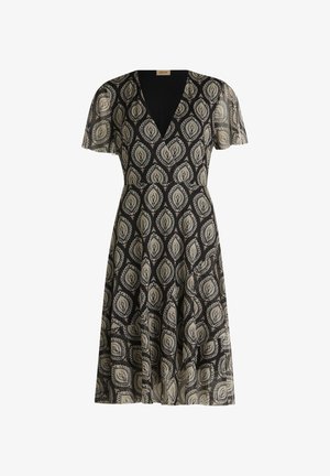 Black dress with a V-neck, short flutter sleeves, and a pattern of beige leaves. Made of lightweight fabric, features a flared skirt.