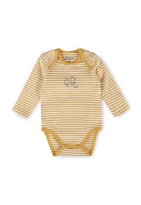 Yellow and white striped long-sleeve baby bodysuit with snap closures and small cartoon mouse design on the chest.
