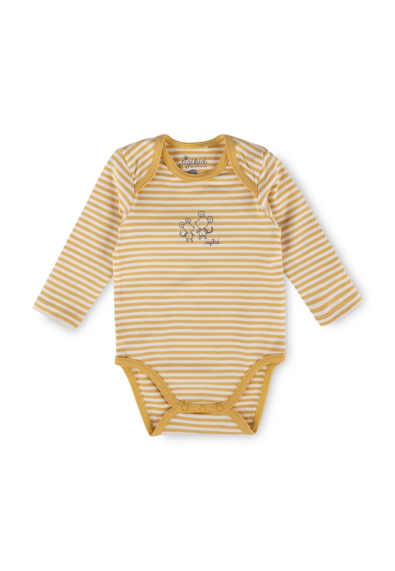 Yellow and white striped long-sleeve baby bodysuit with snap closures and small cartoon mouse design on the chest.