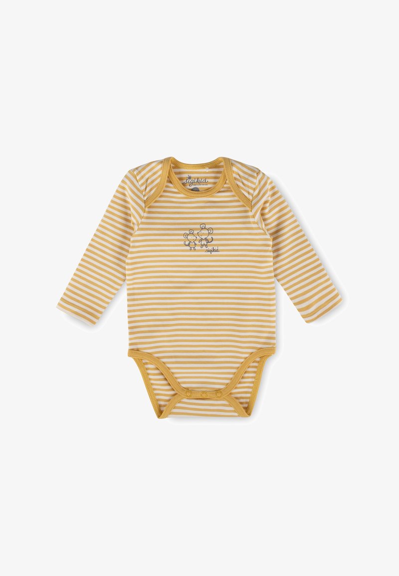 Gelb-weiß gestreifter Baby-Body mit langen Ärmeln, Druckknöpfen und kleinem Cartoon-Maus-Design auf der Brust.