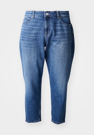 Sinised denim püksid sirge jala lõikega, kõrgema taljega, kerge kulumisega ja kahe esimise taskuga. Metallne nööp ja lukuga sulgemise detail.