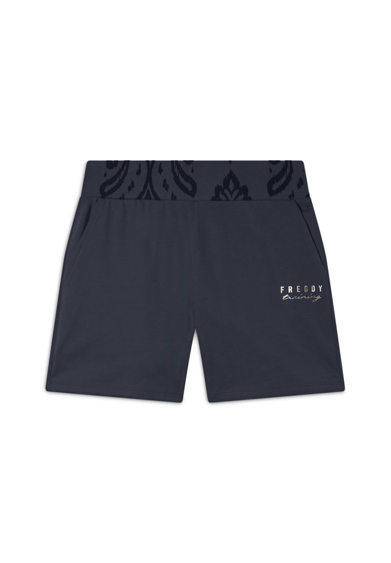 Pantaloni corti di cotone blu navy con vita elastica a motivo, tasche laterali e un dettaglio in metallo con logo sul lato sinistro in basso.