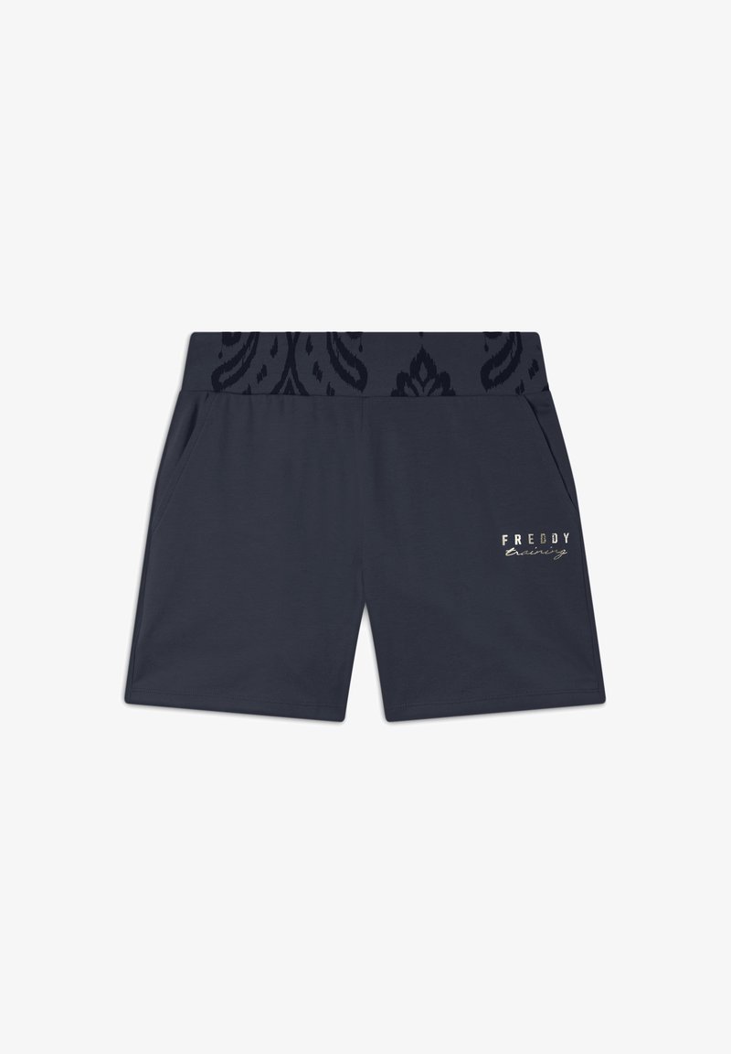 Pantaloni corti di cotone blu navy con vita elastica a motivo, tasche laterali e un dettaglio in metallo con logo sul lato sinistro in basso.