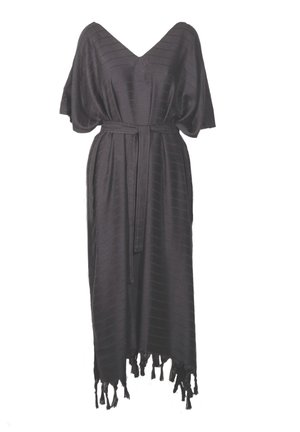 Black dress with a v-neckline, short sleeves, and a belt at the waist. Features textured, striped fabric and tassel accents at the hem.