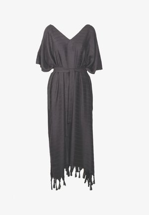 Black dress with a v-neckline, short sleeves, and a belt at the waist. Features textured, striped fabric and tassel accents at the hem.