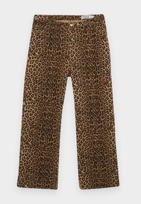 Panterprint broek met een bruin en zwart patroon, rechte pijpen en klassieke vijf-pocket styling. Gemaakt van een katoenen mix.
