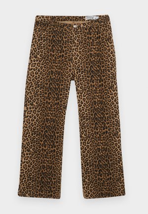 Leopardmønstrede bukser med et brunt og sort mønster, lige bendesign og klassisk fem-lomme stil. Fremstillet af bomuldsblandingsstof.