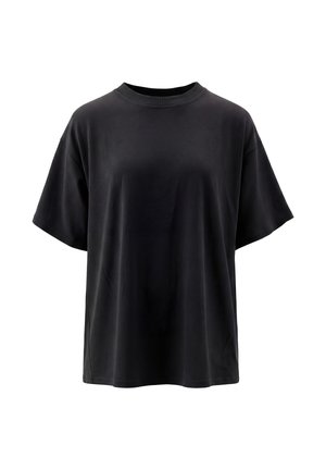 Schwarzes, kurzärmeliges, übergroßes Baumwoll-T-Shirt mit rundem Halsausschnitt, dargestellt vor weißem Hintergrund.