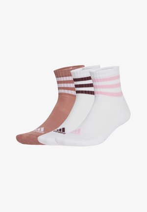 Tres pares de calcetines de tobillo: uno rosa claro, uno blanco con rayas rosas y uno marrón con rayas marrón oscuro. Material de mezcla de algodón.