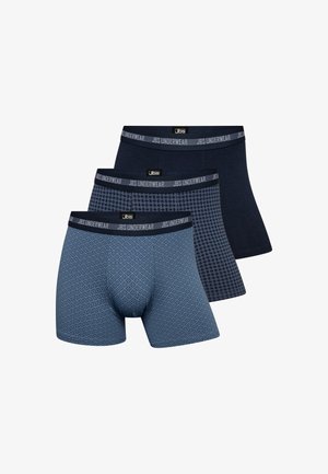 Trzy pary granatowych slipków z różnymi wzorami: jedna z geometrycznym wzorem, druga w kropki, a trzecia w jednolitym ciemnym granacie.