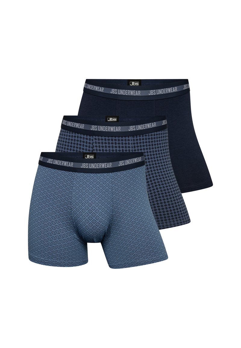 Trzy pary granatowych slipków z różnymi wzorami: jedna z geometrycznym wzorem, druga w kropki, a trzecia w jednolitym ciemnym granacie.