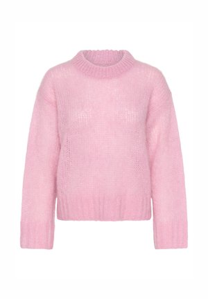 Rózsaszín kötött pulóver magas nyakrésszel, széles hosszú ujjakkal és bordázott szegéllyel. Puha, texturált anyag, enyhén bő szabással.