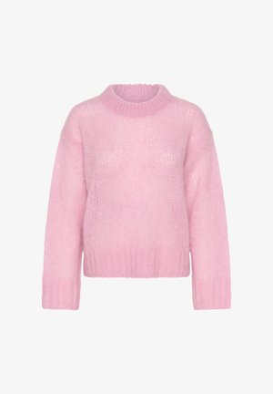 Roosa kootud kampsun kõrge kaelusega, laiade pikkade varrukatega ja soonikkoes äärega. Pehme, tekstuuriga kangas veidi lõdva lõikega.