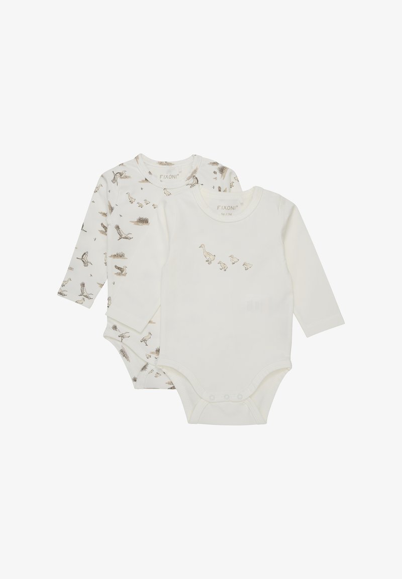 Deux bodys à manches longues pour bébé : un crème avec des illustrations de canards, l'autre blanc avec des motifs sur le thème de la nature. Les deux ont des fermetures à pression à l'arrière.