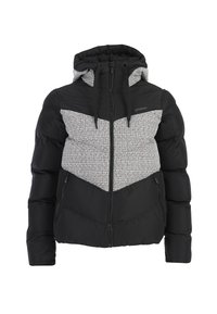 Padded jacket featuring a black body with a textured gray upper section, hood, full zipper, and adjustable drawstrings.