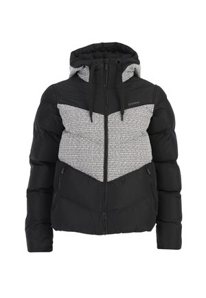 Padded jacket s čiernym telom a textúrovanou šedou hornou časťou, kapucňou, plným zipsom a nastaviteľnými šnúrkami.