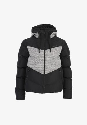 Padded Jacke mit schwarzem Körper und einem strukturierten grauen Oberteil, Kapuze, vollem Reißverschluss und verstellbaren Zugbändern.