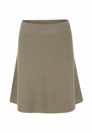 Knit A-line skirt in muted olive green, with a wide waistband and textured fabric. Hemline offers a subtle drape and flow.