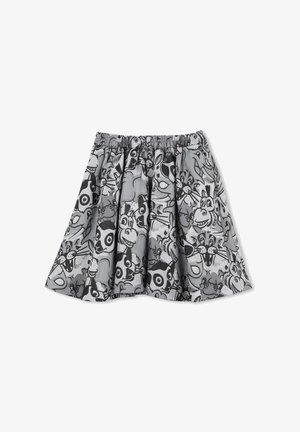 Zwart-witte rok met een patroon van cartoon dierengezichten, voorzien van een elastische tailleband en een uitlopend design dat het volume versterkt.