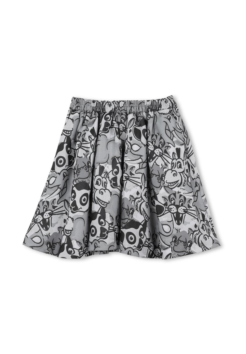 Zwart-witte rok met een patroon van cartoon dierengezichten, voorzien van een elastische tailleband en een uitlopend design dat het volume versterkt.