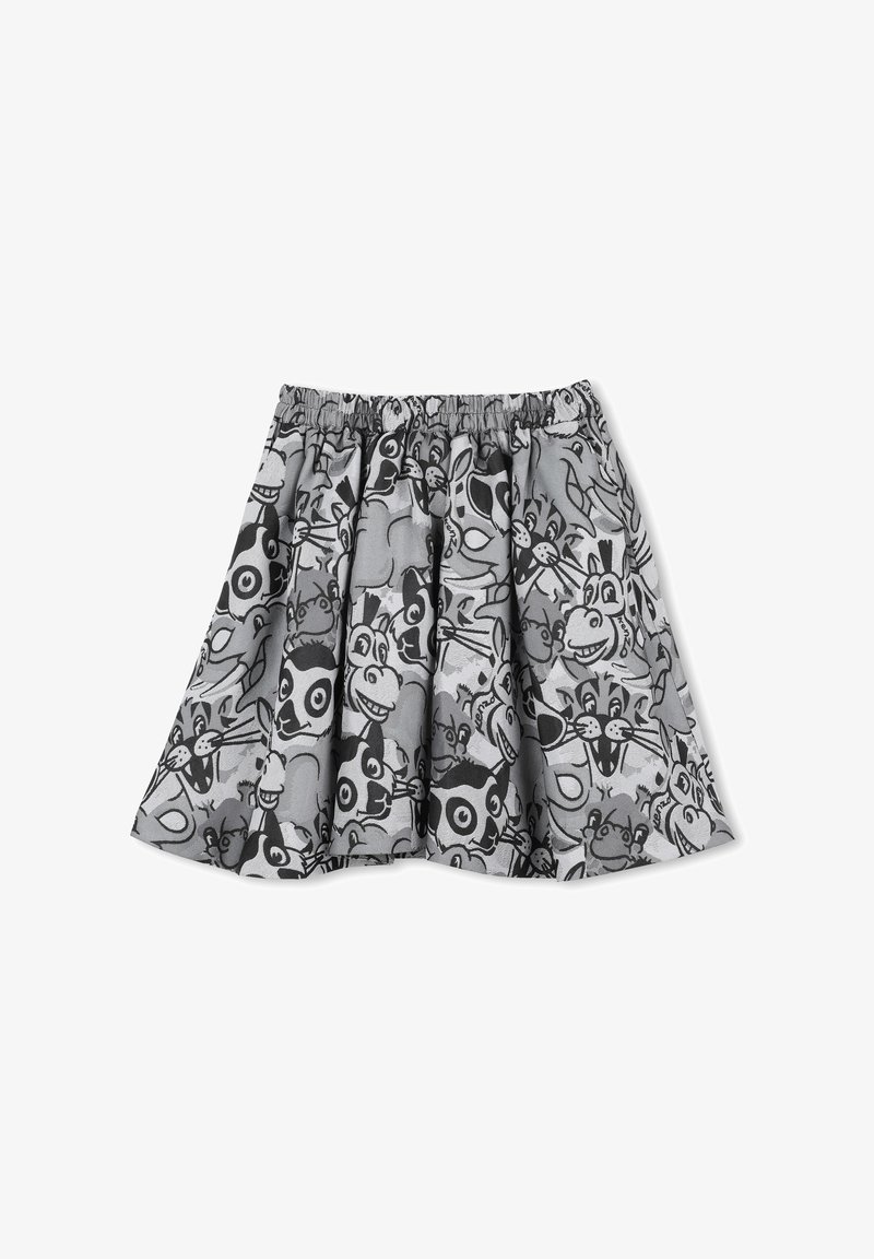 Jupe à motifs noir et blanc mettant en avant des visages d'animaux de dessin animé, avec une taille élastique et un design évasé qui accentue son volume.