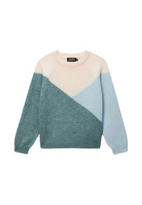 Pull tricot avec col rond, présentant un design de blocs de couleur géométriques en rose clair, bleu-vert et bleu ciel. Texture douce et manches longues.
