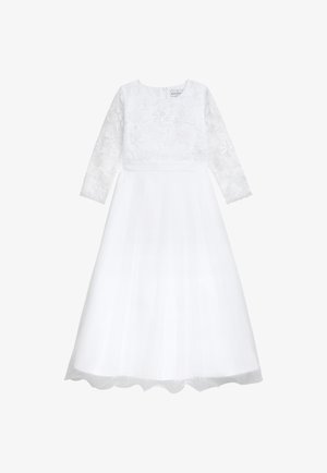 Weißes Kleid mit langen Spitzenärmeln, besticktem Blumenmuster auf dem Oberteil und einem mehrlagigen Tüllrock. Rundhalsausschnitt und taillierter Schnitt.