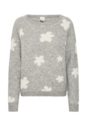 Hellgrauer gestrickter Pullover mit weißen abstrakten Blumenmustern, langen Ärmeln, Rundhalsausschnitt und gerippten Bündchen und Saum.