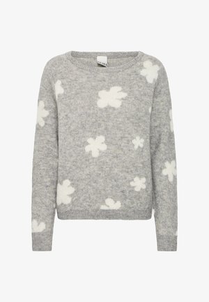 Maglione grigio chiaro lavorato a maglia con motivi floreali astratti bianchi, maniche lunghe, scollo rotondo e polsini e orlo a costine.