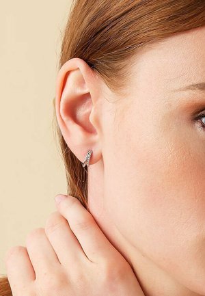 Silver earrings with a sleek, elongated design and small accents, set against a light background, showcasing a delicate appearance.