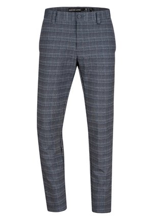 Gray and blue plaid trousers, made from a lightweight fabric, featuring a slim fit, side pockets, and a button closure.
