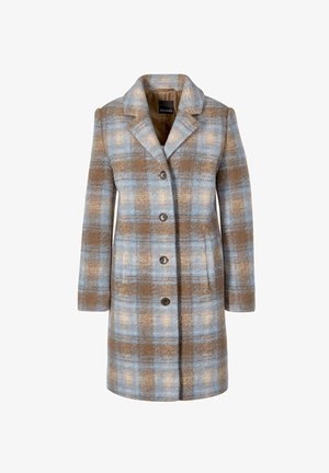 Cappotto a quadri marrone e blu realizzato in lana testurizzata, con colletto a rever, sei bottoni e due tasche frontali.