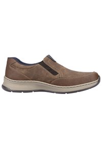 Bruna slip-on skor med en strukturerad läderrandsida, elastiska sidopaneler, en beige mellansula och en svart mönstrad yttersula.