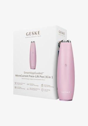 Stylo de lifting facial à micro-courants rose avec doubles sphères métalliques à côté d'une boîte blanche étiquetée « SmartAppGuided MicroCurrent Face-Lift Pen 6 in 1. »