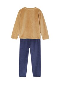 Children's loungewear set featuring a long-sleeve, beige velour top and navy velour pants. Soft texture, simple design, no patterns or accents.