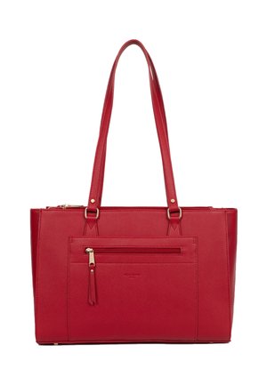 Czerwona skórzana torba typu tote z podwójnymi uchwytami na ramię oraz przednią kieszenią na suwak z skórzaną zawieszką.