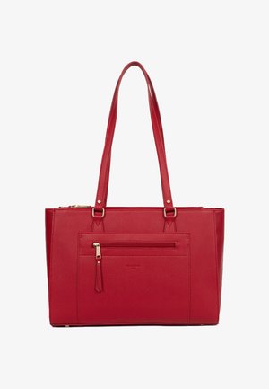 Sac cabas en cuir rouge avec double anse d'épaule et poche avant zippée avec une languette en cuir.