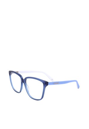 Occhiali da vista rettangolari trasparenti blu con aste bianche e logo dorato "LOVE MOSCHINO" sull'asta, inclinati verso destra su sfondo bianco.