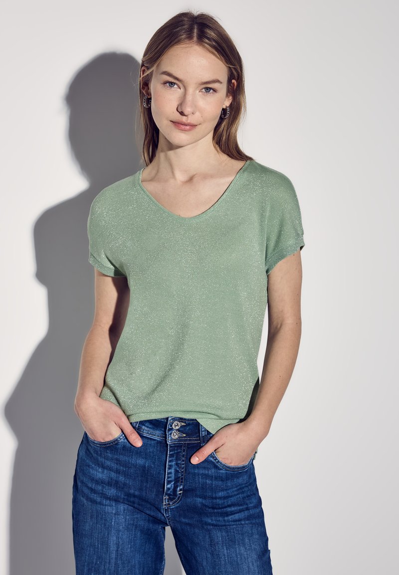Street One GLITZERNDES V-NECK  - Jednoduché tričko - grün