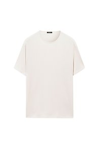 Light beige cotton t-shirt featuring a round neckline, short sleeves, and a relaxed fit, with a smooth, even texture.