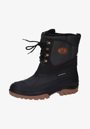 Black waterproof winter boot with a textured rubber sole, lace-up front, and fabric upper. Features a padded collar and bronze accents.