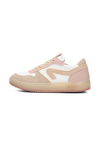 Witte en beige sneaker met roze accenten. Heeft een gladden lederen bovenwerk, suède overlays en een semi-transparante rubbersole.