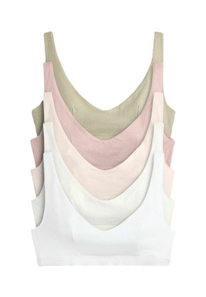 Stapel von fünf weichen Stoff-Bralettes in Weiß, Hellbeige, Blassrosa, gedecktem Rosa und Hellolivgrün.
